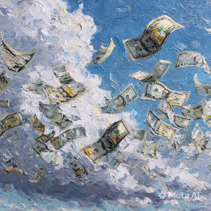 Pintura de billetes flotando entre las nubes